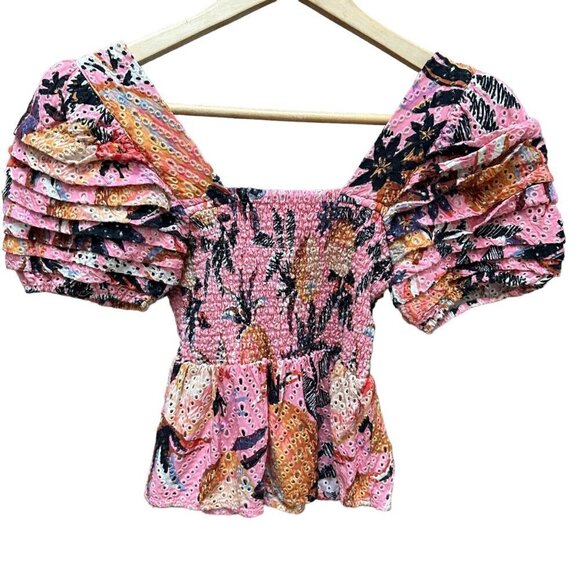 Farm Rio Top Floral Print Square Neckline Smocked Short Puff Sleeve Women's XS - Picture 3 of 10